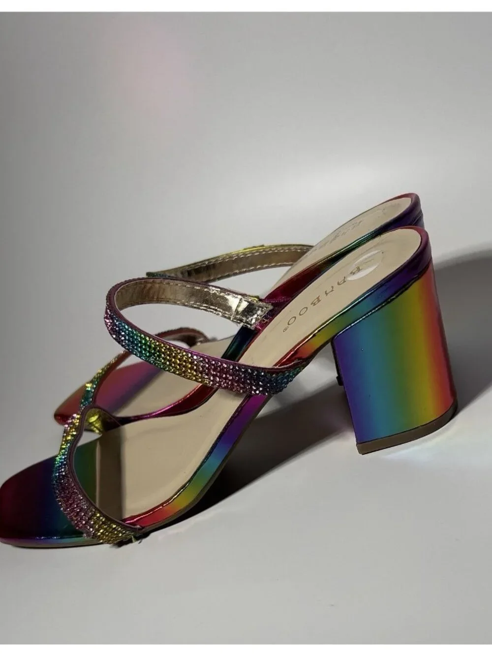 Bamboo Rainbow Metallic Rhinestone Mule Sandals Women’s 8 Block Heel